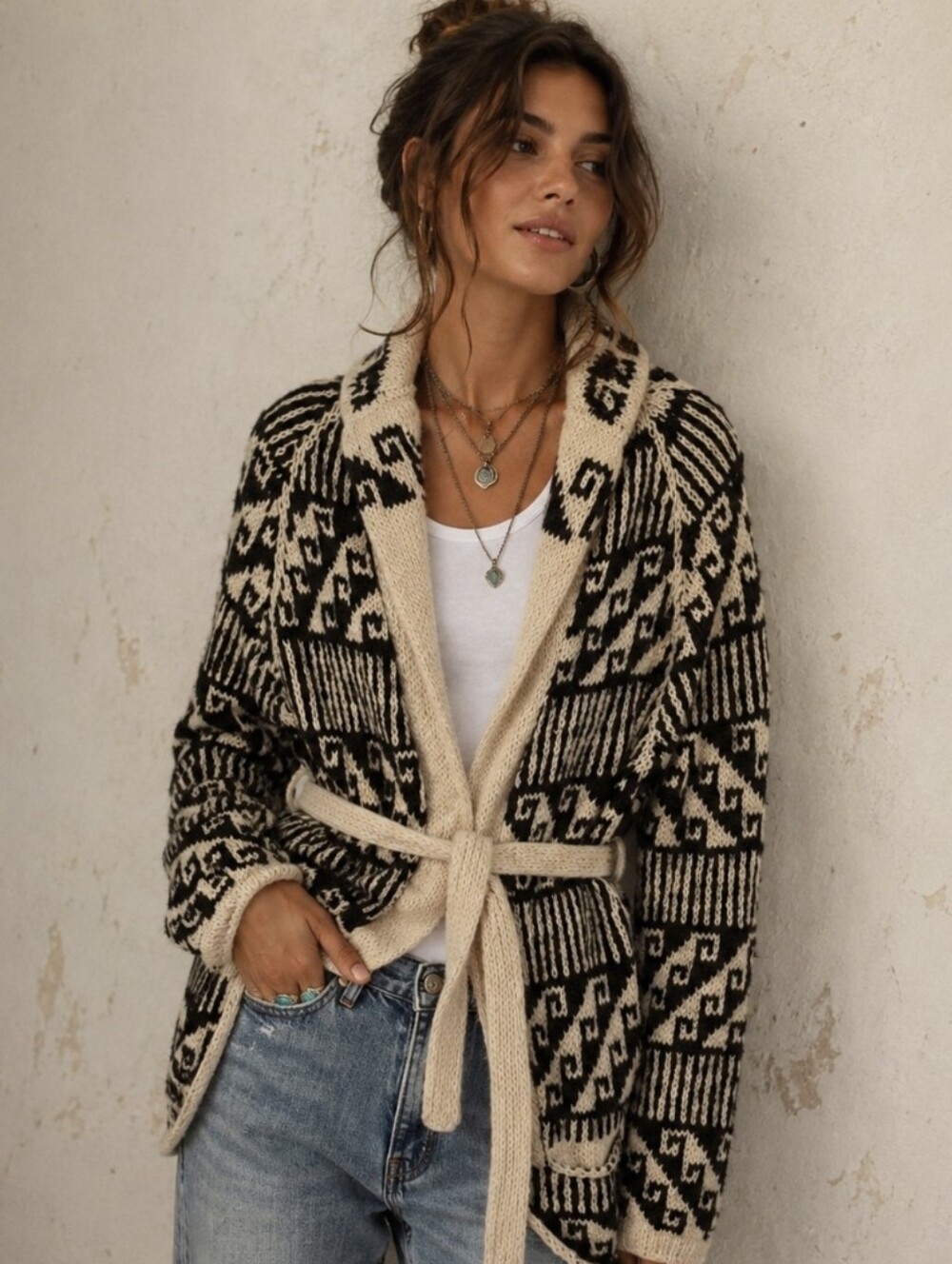 Vintage Polynesian Wool Cardigan Sweater Belted Brown/Cream Tribal Hawaii Sz M